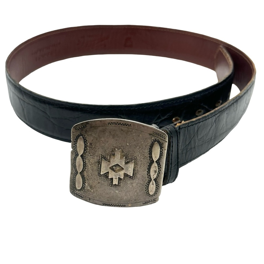 ZELE Italia Black Leather Belt with Silver Buckle Western Style - 36" long